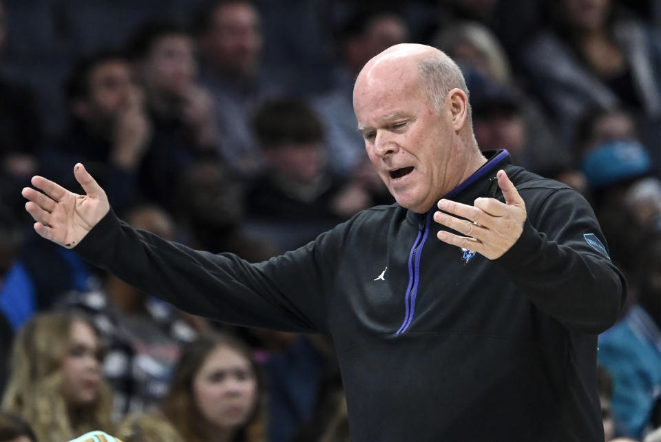 Charlotte Hornets head coach Steve Clifford reacts during the first half of an NBA basketball game against the Indiana Pacers, Monday, March 20, 2023, in Charlotte, N.C. (AP Photo/Matt Kelley)