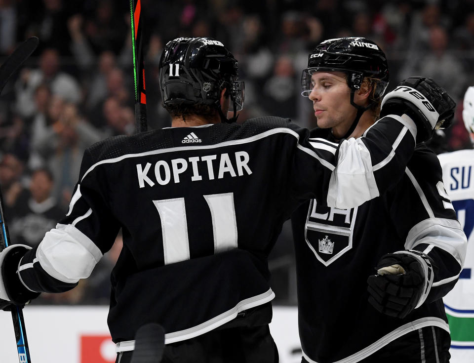 Adrian Kempe #9 of the Los Angeles Kings celebrates his goal from a deflection off an Anze Kopitar #11 shot