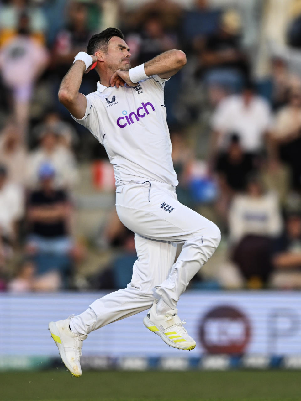 England's James Anderson bowls to New Zealand on the third day of their cricket test match in Tauranga, New Zealand, Saturday, Feb. 18, 2023. (Andrew Cornaga/Photosport via AP)