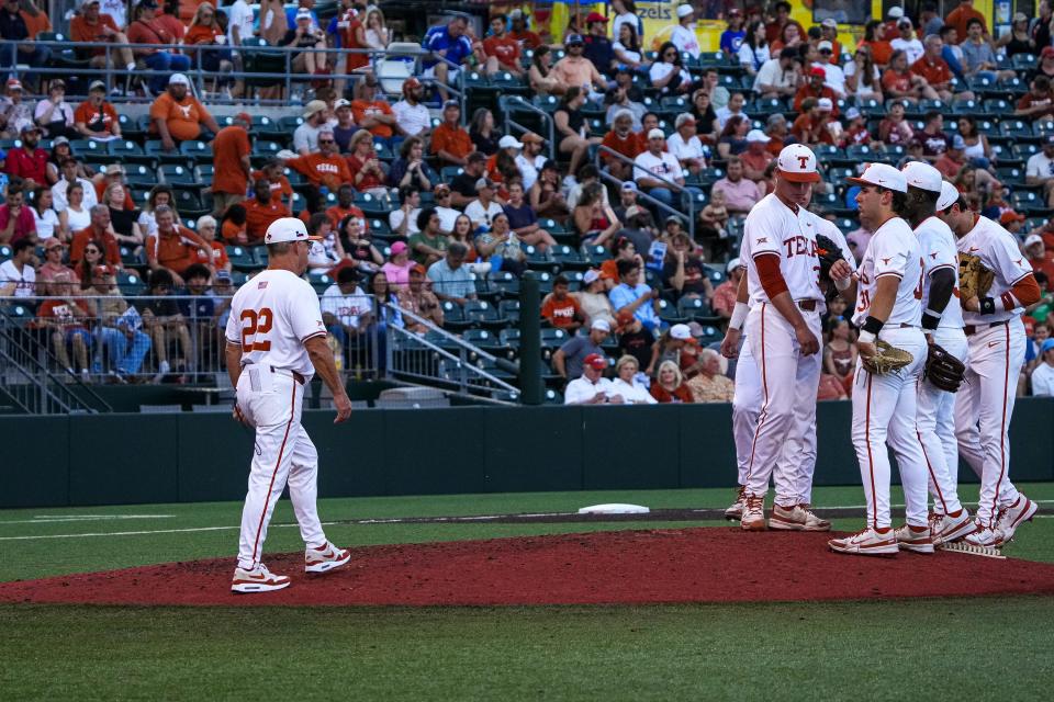 Texas Longhorns head coach David Pierce approaches the mound during a game against Kansas at UFCU Disch–Falk Field on May 17. He'll guide his team against Louisiana before looking ahead to regional host Texas A&M.