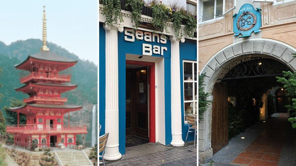 Seiganto Temple built by Kongo-Gumi in Japan, Sean's Bar in Ireland and St Peter Stifts Kulinarium in Austria.