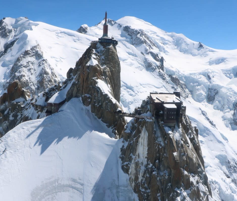 Chamonix-Mont Blanc's signature Aiguille du Midi ("Needle at Midi") peak is home to Europe's highest cable car, perched at over 12,600 feet. <p>Office de Tourisme de Chamonix-Mont-Blanc</p>