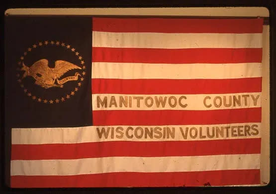 The flag of Company A was gifted to the Manitowoc Guards before they left for the Civil War. The flag was donated to the Manitowoc County Historical Society in 1925.