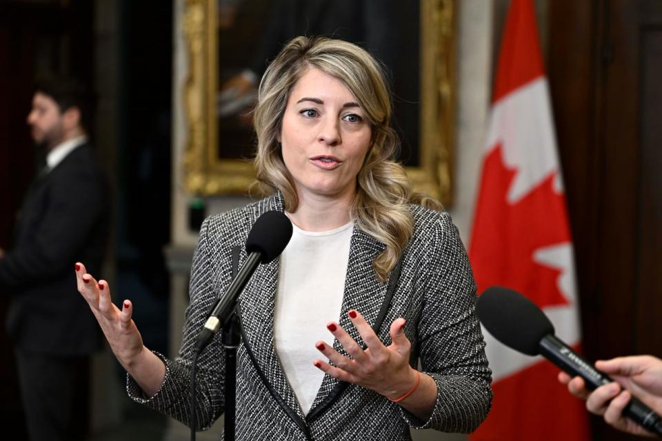 Minister of Foreign Affairs Melanie Joly speaks about former prime minister Brian Mulroney, who died Thursday at the age of 84, in the Foyer of the House of Commons on Parliament Hill in Ottawa, on Friday, March 1, 2024. THE CANADIAN PRESS/Justin Tang