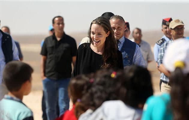 Angelina seemed happy surrounded by the displaced Syrian children. Photo: Getty Images