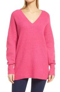 hot pink V-neck sweater