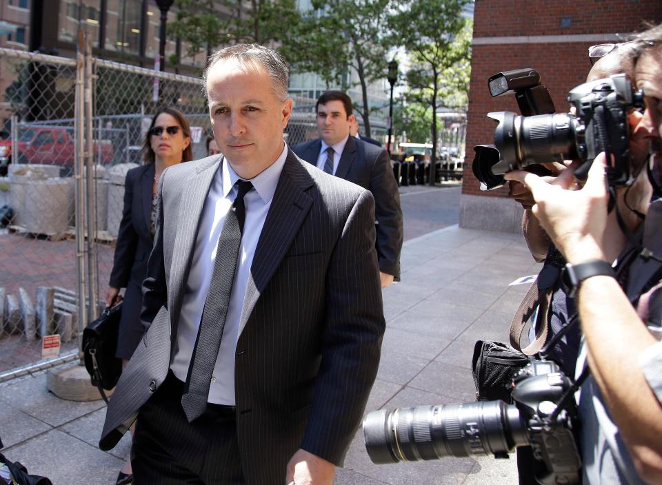 Barry Cadden, president of the New England Compounding Center, followed by members of his legal team, arrive at the federal courthouse for sentencing, June 26, 2017, in Boston. The co-founder of a specialty pharmacy that was at the center of a deadly national meningitis outbreak in 2012 pleaded no contest to involuntary manslaughter in Michigan, authorities said Tuesday, March 5, 2024.
