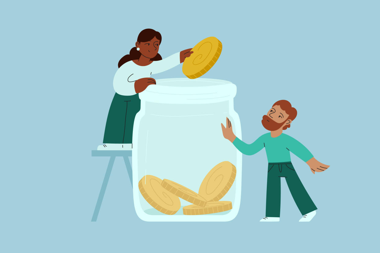  A couple saves money by putting coins into a jar, conceptual illustration. 