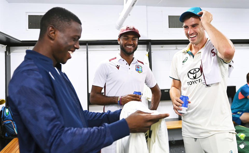 Shamar Joseph and Pat Cummins, pictured here after the second Test between Australia and the West Indies. 