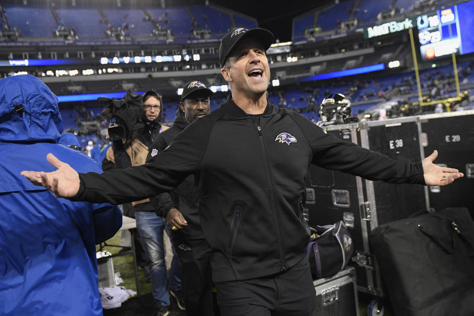 Baltimore Ravens head coach John Harbaugh has his team on the verge of another playoff berth. (AP)