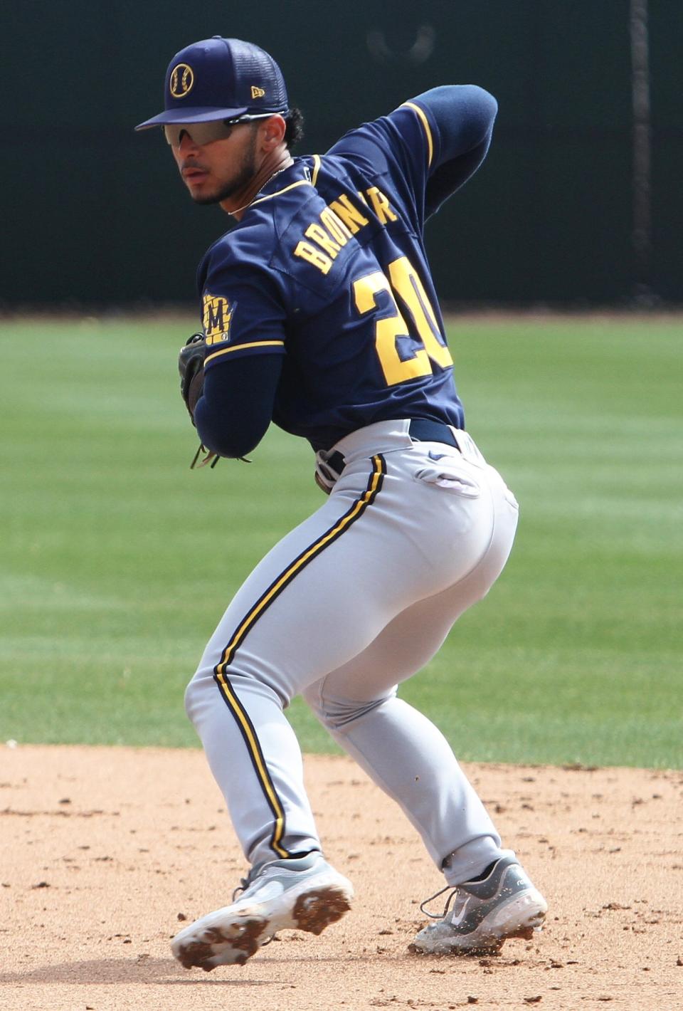 Milwaukee Brewers 2022 first round draft pick Eric Brown Jr. works on a fielding drill during minor league workouts at American Family Fields of Phoenix on March 6, 2023.