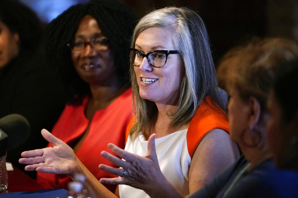 Arizona Secretary of State and Democratic gubernatorial candidate Katie Hobbs hosts a reproductive healthcare equity roundtable with EMILY's List in Phoenix on Sept. 19, 2022.