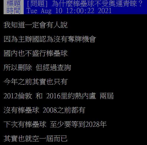 網友問，為什麼棒壘球不受奧運青睞？（圖／翻攝自PTT）
