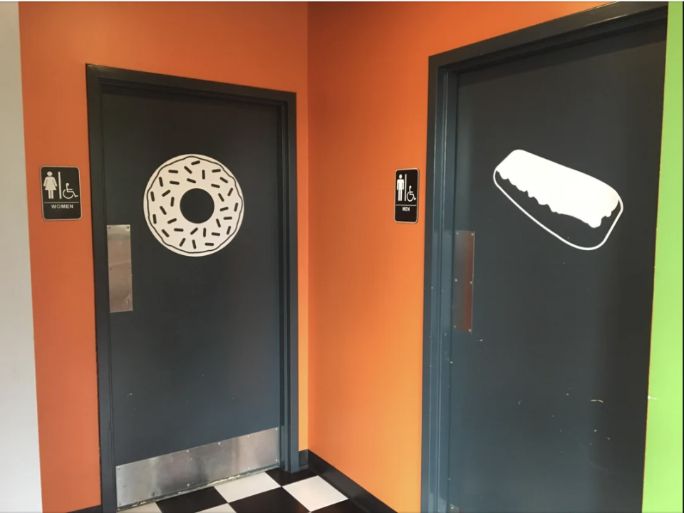 Donut sign on the left door for the women's restroom and a submarine sandwich sign on the right door for the men's restroom in an orange and green hallway