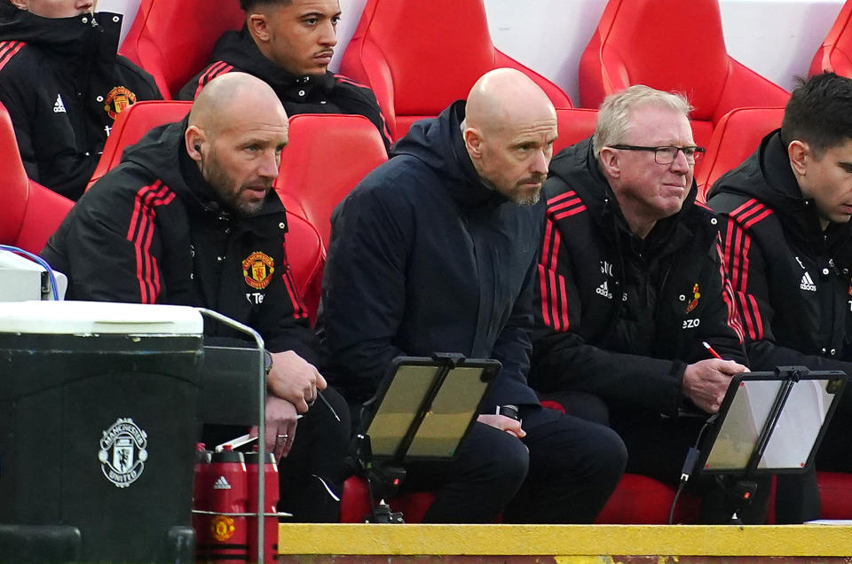 Manchester United manager Erik ten Hag (centre) watches on dejectedly during their 0-7 English Premier League thrashing by Liverpool.