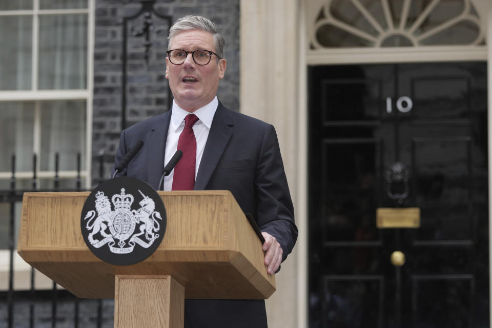 Britain's Labour Party Prime Minister Kier Starmer makes speech 10 Downing Street in London, Friday, July 5, 2024. Labour leader Stammer won the general election on July 4, and was appointed Prime Minster by King Charles III at Buckingham Palace, after the party won a landslide victory. (AP Photo/Kin Cheung)