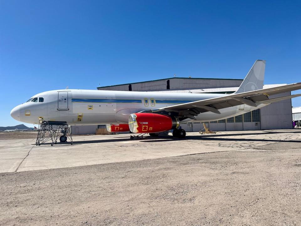 A narrowbody jetliner at Pinal Airpark in Arizona.