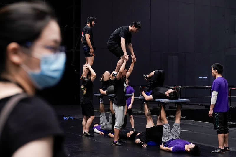 Performers train for the Cirque du Soleil "The Land of Fantasy" show in Hangzhou