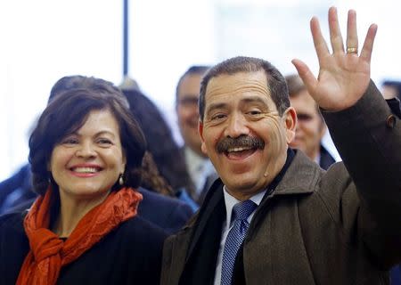 Chicago Mayoral candidate Jesus "Chuy" Garcia and his wife Evelyn arrive at a restaurant for lunch, on election day in Chicago, Illinois, February 24, 2015. REUTERS/Jim Young