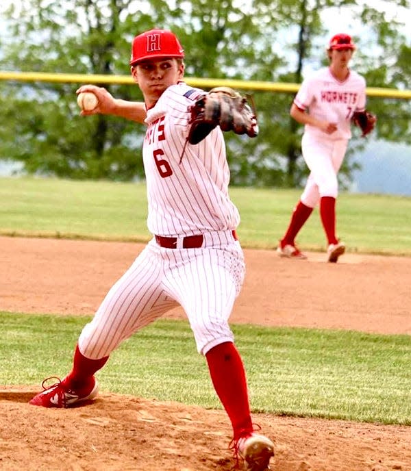 Honesdale senior Bryce Dressler deals to the dish during Lackawanna League Division I baseball action.