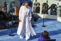 Singer Jennifer Lopez greets Vice President-elect Kamala Harris during President-elect Joe Biden’s inauguration, Wednesday, Jan. 20, 2021, at the U.S. Capitol in Washington. (Tasos Katopodis/Pool Photo via AP)