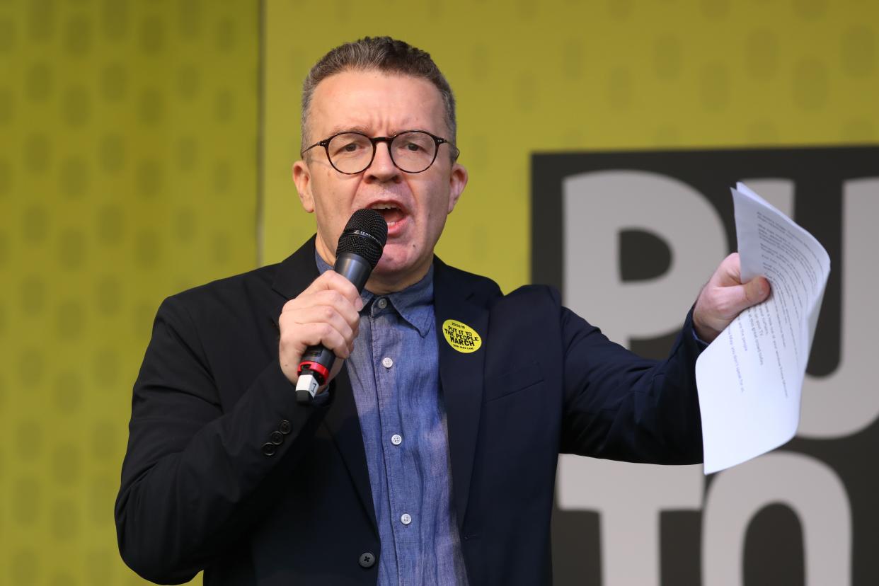 British opposition Labour Party Deputy Leader, Tom Watson speaks at a rally organised by the pro-European People's Vote campaign for a second EU referendum in Parliament Square, central London on March 23, 2019. - Hundreds of thousands of pro-Europeans from across Britain were expected to march through London on Saturday calling for another referendum on EU membership with the country mired in political paralysis over Brexit. (Photo by ISABEL INFANTES / AFP)        (Photo credit should read ISABEL INFANTES/AFP/Getty Images)