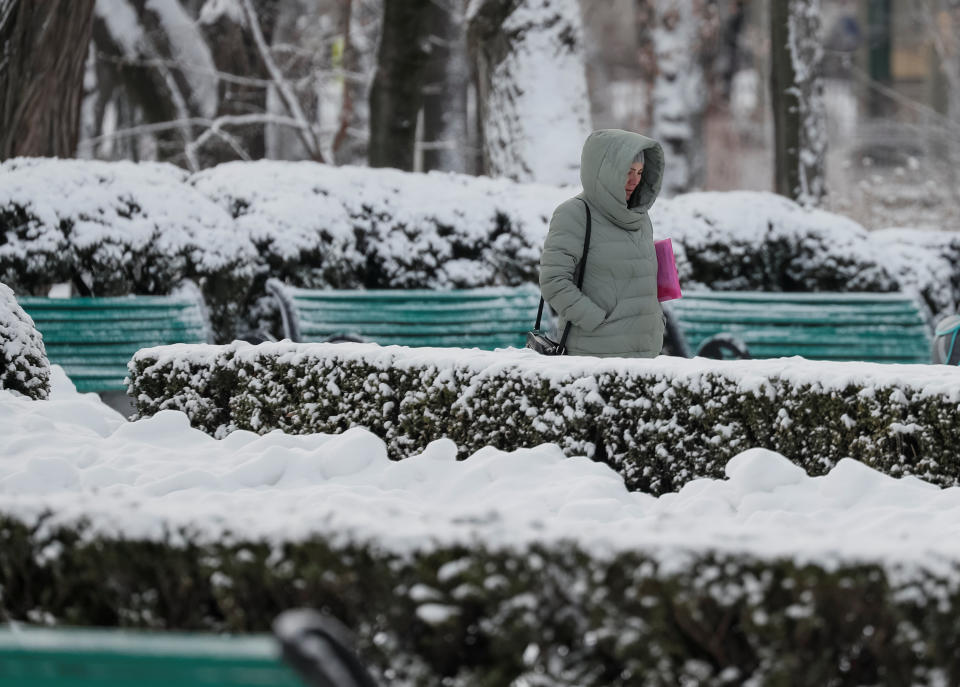 A woman walks in a snow-covered park. Photo: REUTERS/Gleb Garanich