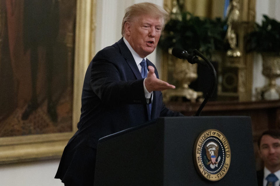 President Donald Trump speaks during a Medal of Honor Ceremony for U.S. Army Master Sgt. Matthew Williams, currently assigned to the 3rd Special Forces Group, in the East Room of the White House, Wednesday, Oct. 30, 2019, in Washington. (AP Photo/Alex Brandon)