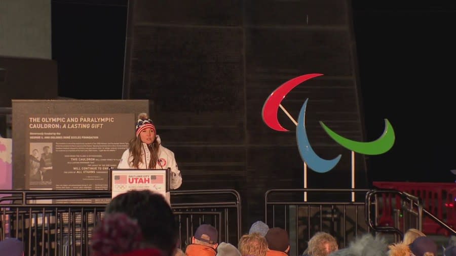 Salt Lake City Mayor Erin Mendenhall speaks to Utahns during the Olympic Cauldron lighting celebration on Dec. 1, 2023. (credit: KTVX)