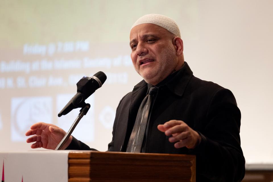 Imam Imad Enchassi speaks during "Stories from Gaza and Prayers for Palestine" on Friday at the Islamic Society of Greater Oklahoma City's Mercy Mission Building in Oklahoma City.