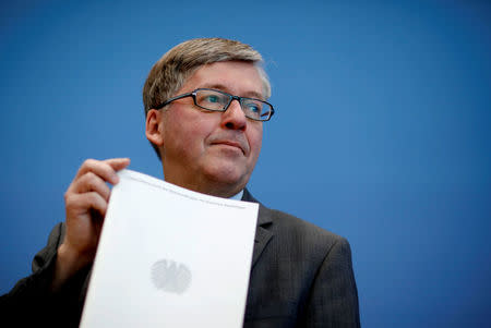 German parliamentary armed forces ombudsman Hans-Peter Bartels, whose job is to hear soldiers’ complaints, presents his annual report on the state of the German military in Berlin, Germany, February 20, 2018. REUTERS/Axel Schmidt