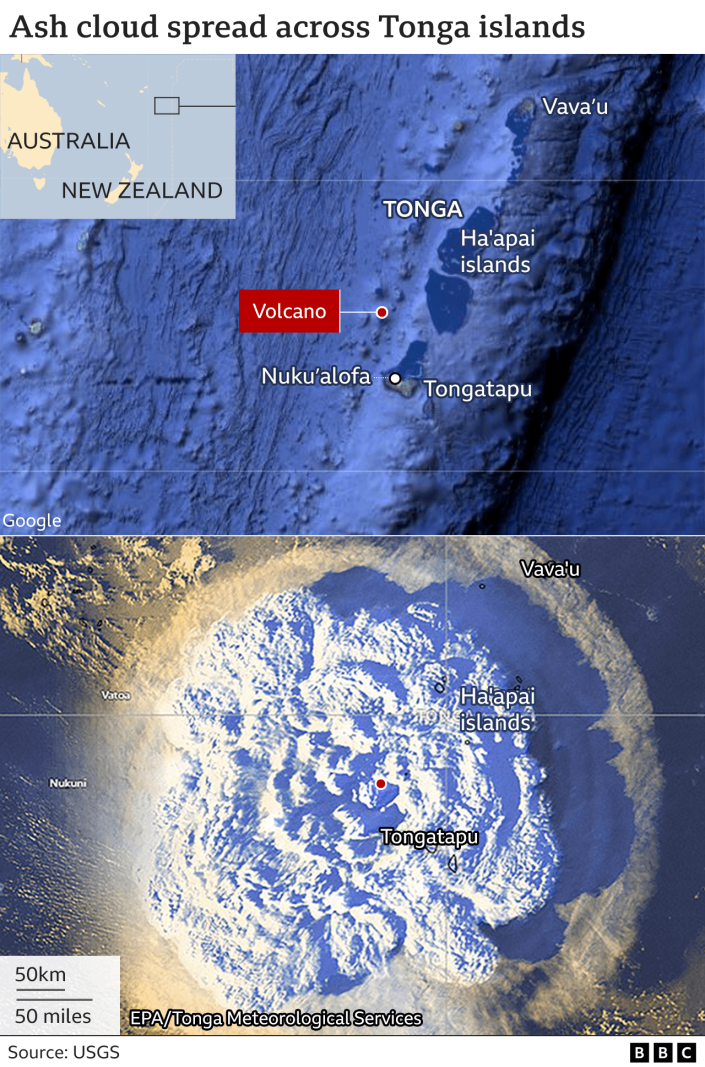 Graphic with a map of Tonga and a satellite image showing the extent of the ash cloud shortly after the eruption.