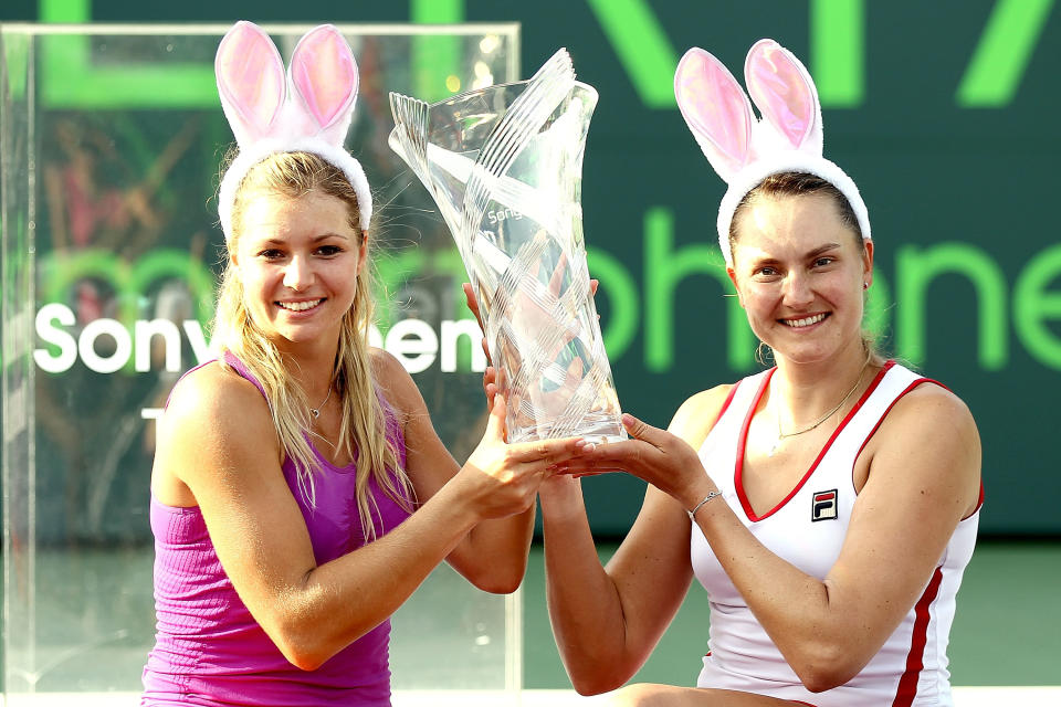 KEY BISCAYNE, FL - APRIL 01: Maria Kirilenko and Nadia Petrova of Russia pose for photographers after defeating Sara Errani Roberta Vinci of Italy after the doubles final of the Sony Ericsson Open at the Crandon Park Tennis Center on April 1, 2012 in Key Biscayne, Florida. (Photo by Matthew Stockman/Getty Images)