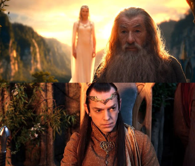 <b>Cameos, cameos, cameos </b> <br>While J.R.R. Tolkien's "The Hobbit" is set in the same world as "The Lord of the Rings" novels, it actually takes place decades before the events of the War of the Ring. Thankfully many denizens in Middle-earth are either immortal or extremely long-lived individuals, meaning that despite the difference in eras, there still exists the possiblity of cameo appearances by many "Lord of the Rings" characters in "The Hobbit" films. You've likely already seen Hugo Weaving's Elrond and Cate Blanchett's Galadriel in the trailers, but other clips and behind the scenes materials have revealed that Elijah Wood's Frodo Baggins, Orlando Bloom's Legolas, and even Christopher Lee's Saruman (who died in "The Lord of the Rings") will be making an appearance in "The Hobbit" movies.