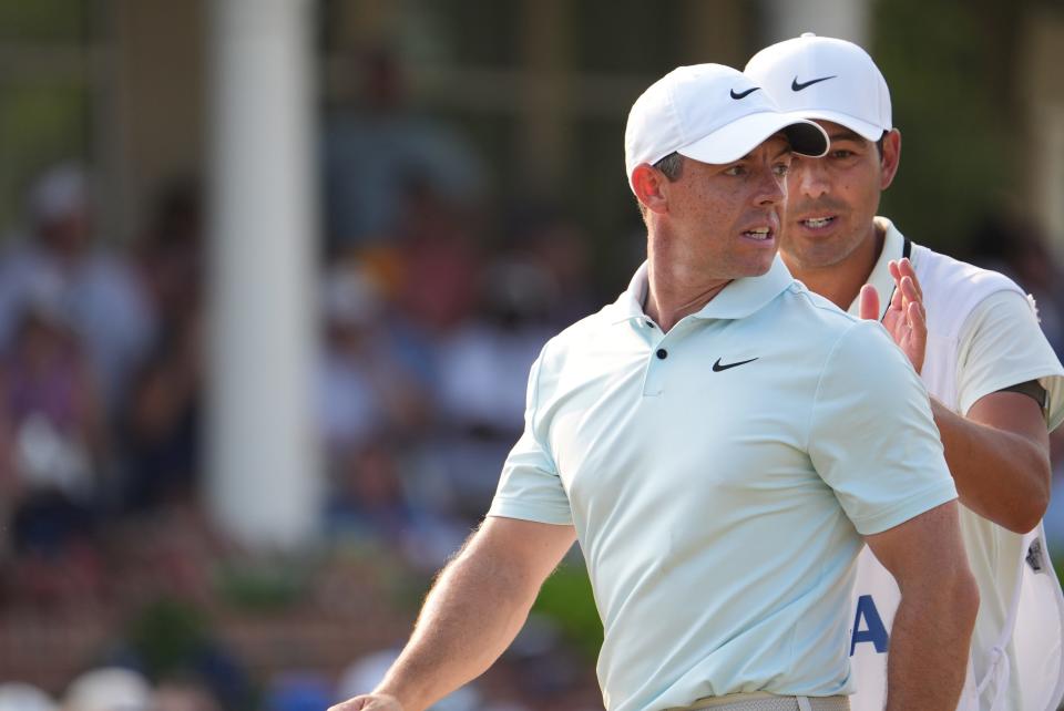 Rory McIlroy reacts after a missed putt on the eighteenth green during the final round of the U.S. Open golf tournament.