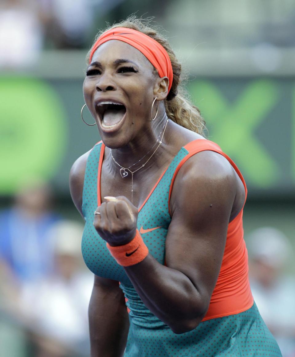 Serena Williams, of the United States, reacts to a play against Yaroslava Shvedova, of Kazakhstan, during the Sony Open tennis tournament, Thursday, March 20, 2014, in Key Biscayne, Fla. Williams won 7-6 (7), 6-2. (AP Photo/Luis M. Alvarez)