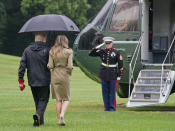 <p>President Donald Trump and first lady Melania Trump walk across the South Lawn of the White House in Washington to board Marine One helicopter for the short flight to nearby Andrews Air Force Base, Md., Saturday, Sept. 2, 2017. (Photo: Pablo Martinez Monsivais/AP) </p>