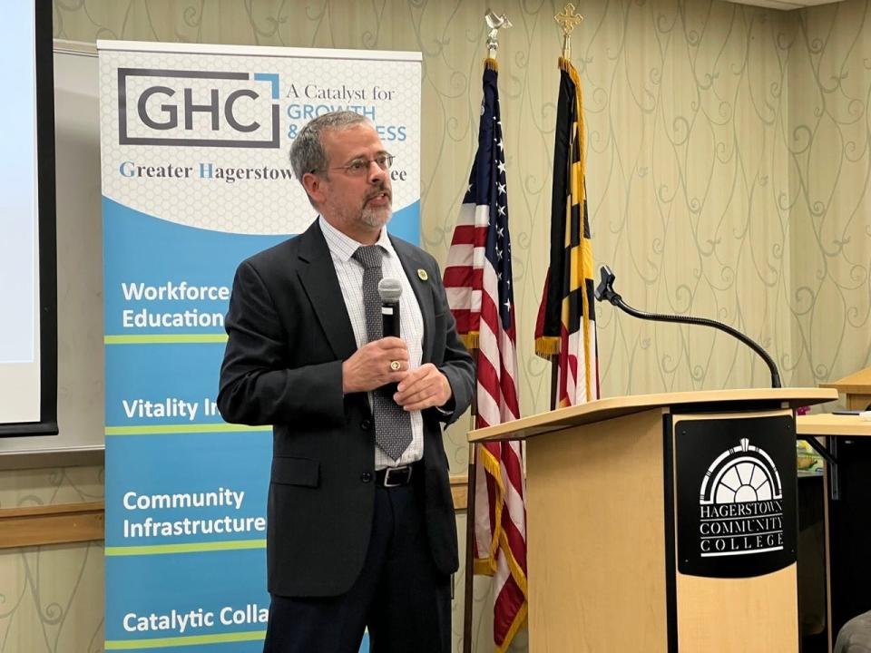 Del. William Wivell, R-Washington, chair of the county's delegation to the Maryland General Assembly, speaks during a breakfast hosted by the Greater Hagerstown Committee at Hagerstown Community College on Nov. 6, 2023.
