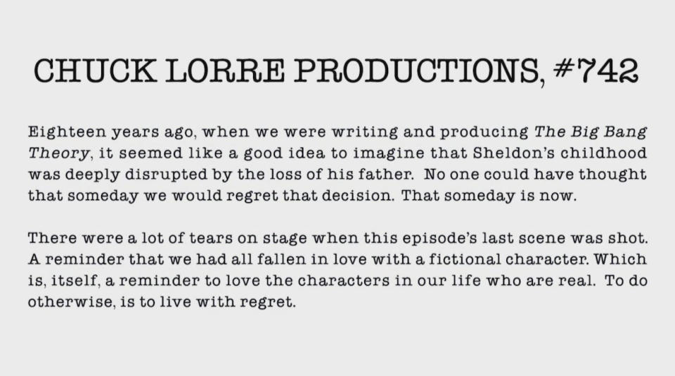 Chuck Lorre vanity card shown after <em>Young Sheldon</em> Season 7, Episode 12 <cite>CBS screenshot</cite>