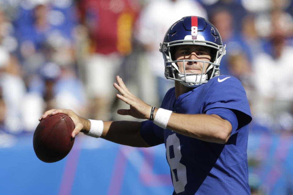 New York Giants quarterback Daniel Jones looks to pass during the second half of an NFL football game against the Washington Redskins, Sunday, Sept. 29, 2019, in East Rutherford, N.J. (AP Photo/Adam Hunger)
