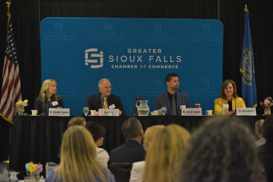 From left to right: Jennifer Lowery, superintendent of the Tea Area School District; Tim Graf, superintendent of the Harrisburg School District; Jarod Larson, superintendent of the Brandon Valley School District; and Jane Stavem, superintendent of the Sioux Falls School District, speak during a Greater Sioux Falls Chamber of Commerce meeting on Thursday morning, April 13, 2023.