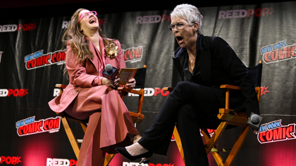 Drew Barrymore and Jamie Lee Curtis attend HALLOWEEN ENDS presented by Universal Pictures during New York Comic Con at Jacob Javits Center on October 08, 2022 in New York City.