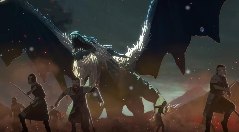 Soldiers running away from a giant dragon in "The Dragon Prince"