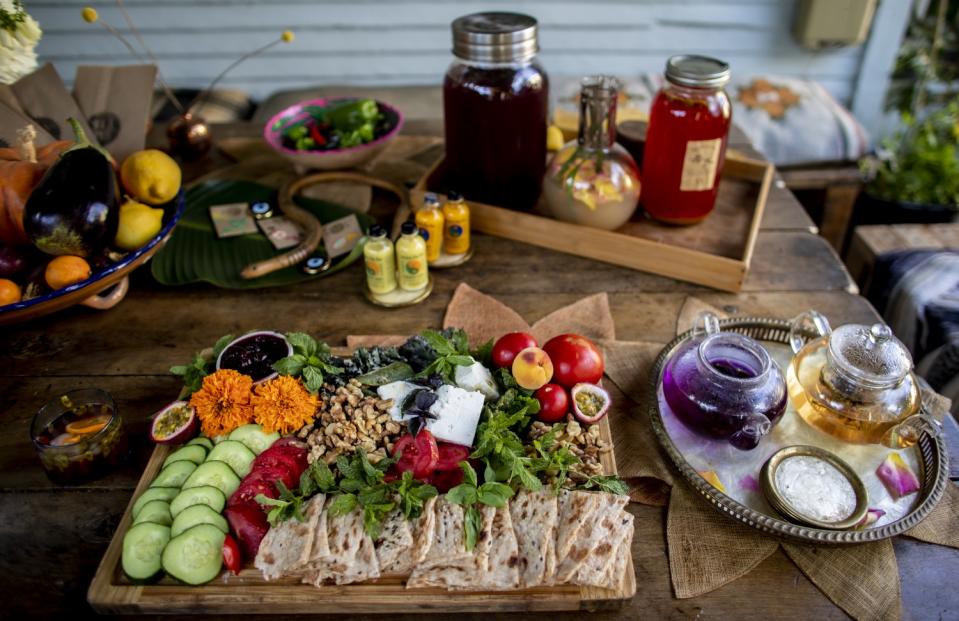 A Noon-E-Paneer plate with items from Teapot LA founder Sorina Vaziri's garden including Turkish tea with garden herbs.