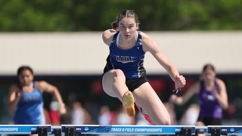 Rich's Violett Taylor wins the 1A 100-meter hurdles during the Utah high school track and field championships at BYU in Provo on Friday, May 19, 2023.