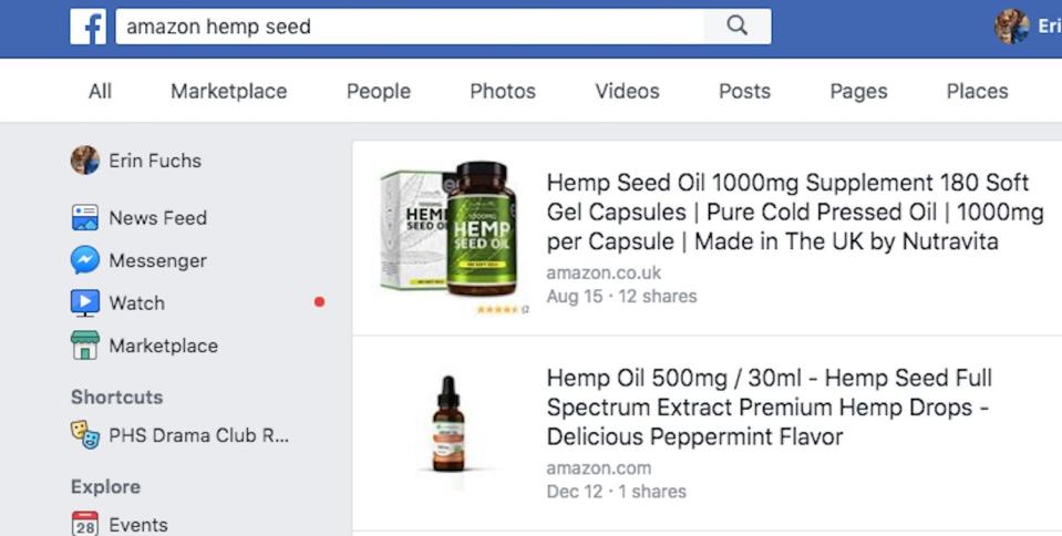 A search on Facebook turns up hemp products that can be purchased on Amazon.