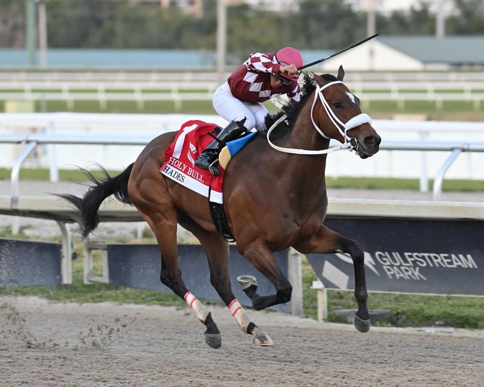 Hades and jockey Paco Lopez win the Grade 3 Holy Bull on Feb. 3 at Gulfstream Park.