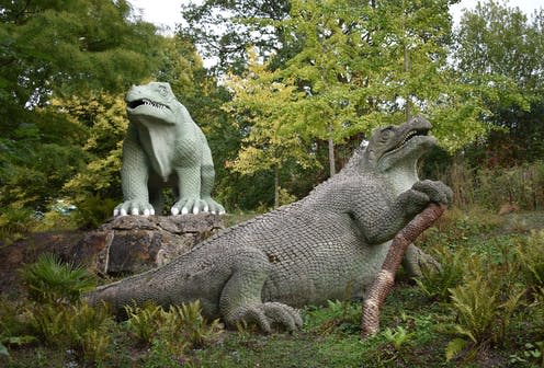 <span class="caption">The iconic _Iguanodon_ sculptures of the Crystal Palace Dinosaurs.</span> <span class="attribution"><span class="source">Witton and Michel (2022)</span>, <a class="link " href="http://creativecommons.org/licenses/by-sa/4.0/" rel="nofollow noopener" target="_blank" data-ylk="slk:CC BY-SA;elm:context_link;itc:0;sec:content-canvas">CC BY-SA</a></span>