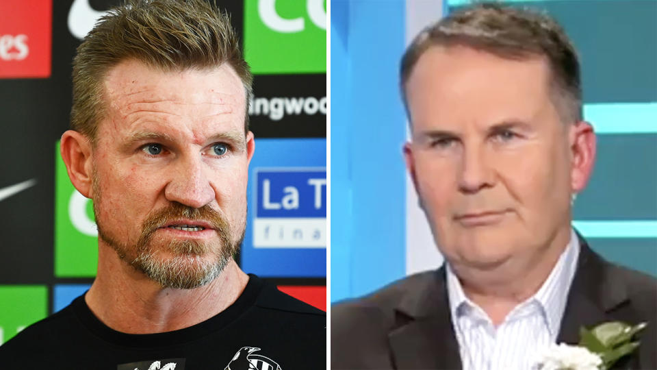 Nathan Buckley had a terse exchange with AFL reporter Tony Jones during a press conference announcing his decision to step down from his position as coach of Collingwood. Pictures: Getty Images/Channel 9