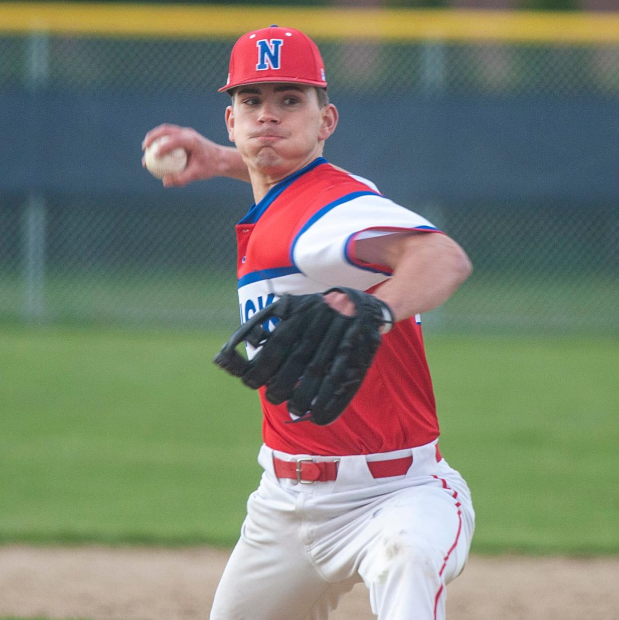 Natick High School pitcher Teddy Ferrucci in the first Paul "Bunkie" Smith Memorial game between Framingham High School and Natick High School, May 13, 2024. Smith, a former coach and player, died Sept. 24, 2023.